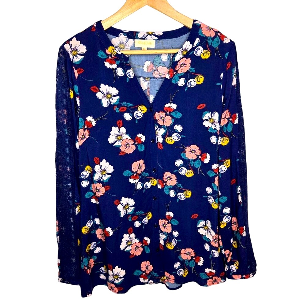 ModClothโ Floral Blouse Women's Navy Lightweight Lace Arm Office Long Sleeve M